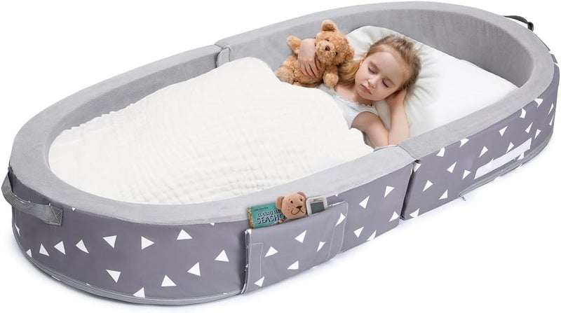 Mooedcoe Portable Foldable Toddler Travel Bed with Sides, Portable Toddler Bumper Bed for Travel Kid Foam Sleeping Cot for Children 18M – 5yr Old - Image 1
